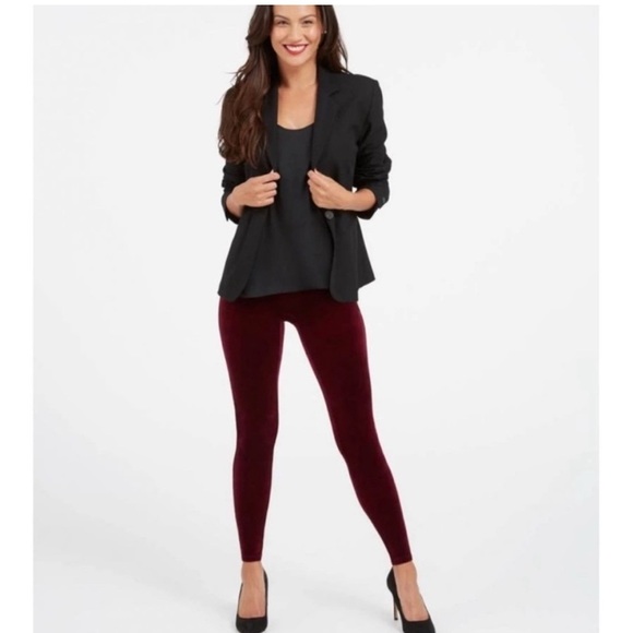 Spanx Velvet Burgundy Leggings 1X High Rise Slimming Chic Preppy Fall Winter - Picture 3 of 11
